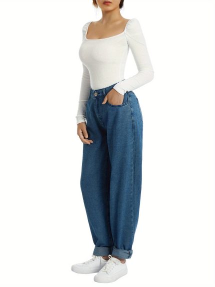 Women'S High Waist Hip Hop Denim Pants, Washed Blue Wide Leg Jeans with Beaded Detail, Casual Streetwear Style for Summer, Relaxed Fit Denim Trousers, Slim Fit Pants