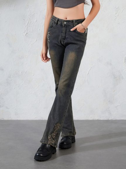 Women's Mid-Rise Bell-Bottom Jeans - Stretchy Cotton Casual Pants with Button Closure, All-Season Comfort & Machine Washable Design for Casual Attire