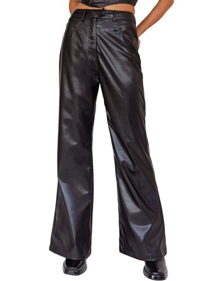Casual Solid Color High-Waisted Bell-Bottom Leather Pants for Women, Featuring Pockets, Perfect for Street Style.