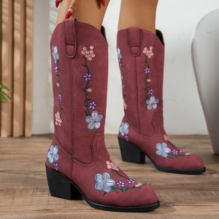 Women's Western Cowboy Boots with Floral embroidery - Burgundy & Purple Round Toe Slip-Resistant Chunky Heel, All-Season Comfortable PU Cover-like Upper & Cushioned Insole, Hand Washable Brownu002FPurpleu002FBlueu002FPink Floral Pattern for Casual & Formal Events, Western Boots for Women, Cowboy Boots For Women, Cowgirl Boots, Womens Boots, Cowboy Boots Women, Cowgirl Boots Women, Bottes Cowboy Femme, Cowgirl Boots For Women, Ladies Boots, Women Boots, Women Cowboy Boots
