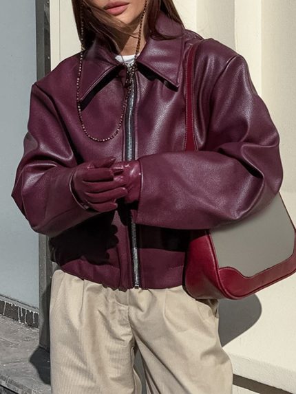 Women'S Y2K Vintage Biker Jacket - Long Sleeve Zip-Up with Lapel Collar, Elegant Solid Color Fallu002FWinter Outerwear, Durable & Easy-Care for Casual or Stylish Outfits, Autumn Winter Apparel, Sleek Texture Finish