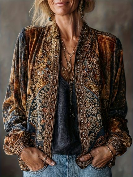 Elegant Paisley Print Winter Jacket with Puffed Sleeves - H-Line Regular Length Coat, Machine Washable Outer Coat for Fallu002FWinter, Casual & Smart-Casual Outerwear