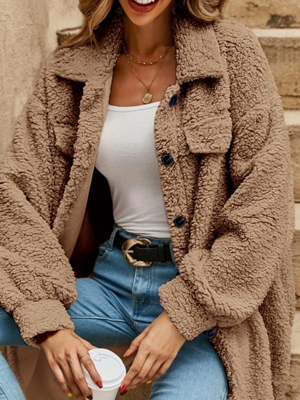 Women'S Solid Color Casual Lapel Plush Button-Up Warm Jacket | Oversized with Pockets, Ideal for Fallu002FWinter