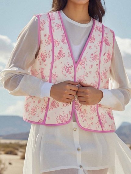 Women'S Vintage Floral Vest - Sleeveless Open Front Cardigan with Button Closure, Pink Floral pattern, Lightweight Fallu002FWinter Jacket for Women, Layering Piece for Casual Formal Outfits