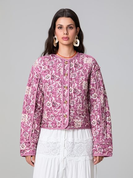 Women's Vintage Puffer Jacket Floral Print Round Neck Long Sleeve Button Cardigan for Winter Fall