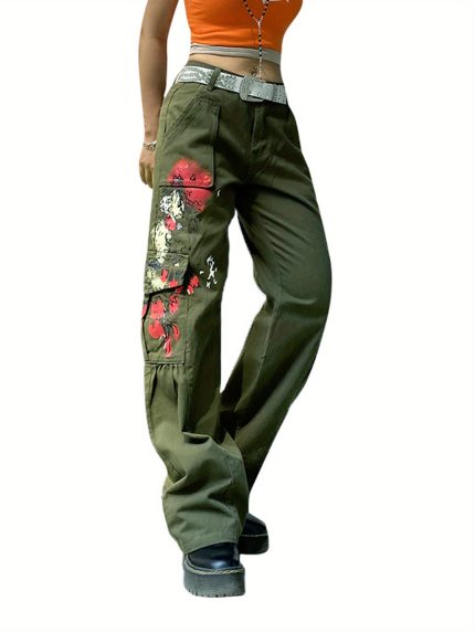Women's Floral Print Cargo Pants with Side Pockets - Loose Fit, Mid-Rise, Olive Green Casual Streetwear for Parties & Running, Ladies Pants
