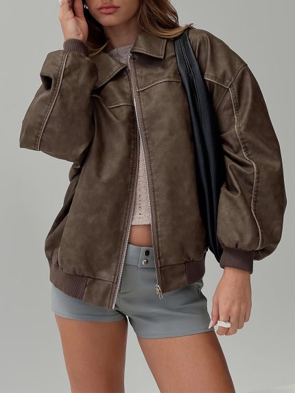 Women'S Jacket Casual Trendy Motorcycle Jacket Solid Color Lightweight Zipper Coat Fall Outwear