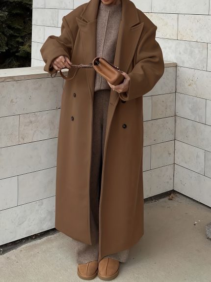 Women's Elegant Long Winter Coat - Double-Breasted Collar Blazer, Solid Color Fallu002FWinter Outerwear, Machine Washable Classic Suit Jacket for Professional & Casual Wear