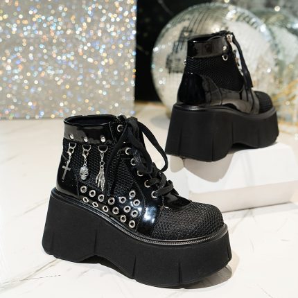 Women'S Black Punk Boots with Skull & Crossbones Design - High Heel, Lace-Up, Round Toe, Faux Cover, All-Season Fashion Statement for Halloween or Goth Style, Gothic Fashion Boots | Skull Embellished Boots | Glossy Finish Boots