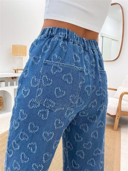 Women's High-Rise Straight Leg Jeans - Blue Denim Pants with Heart Pattern, Multiple Pockets & Semi-Sheer Design | Machine Washable Casual Comfort for All-Season Wear