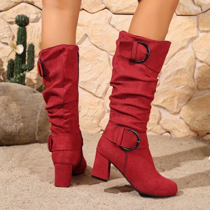 Women's Chunky High-Heel Mid-Calf Boots with Thick Heel & Round Toe - Heavy-Duty Rubber Outsole, Fabric Upper & - All-Day for, Party, Casual - Dress Boots Suitable for Urban Style, Office, Events