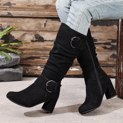 Women's Chunky High-Heel Mid-Calf Boots with Thick Heel & Round Toe - Heavy-Duty Rubber Outsole, Fabric Upper & - All-Day for, Party, Casual - Dress Boots Suitable for Urban Style, Office, Events